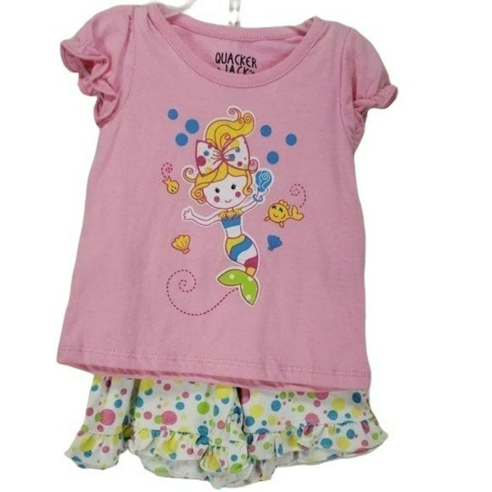 Quacker Jack Infant Girls Mermaid Summer Pink White 2‎ Piece Short Set 12 Months